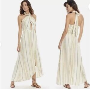 HappyxNature Dress Womens 16 Cream‎ Striped Linen Halter Maxi Cutout Minimalist